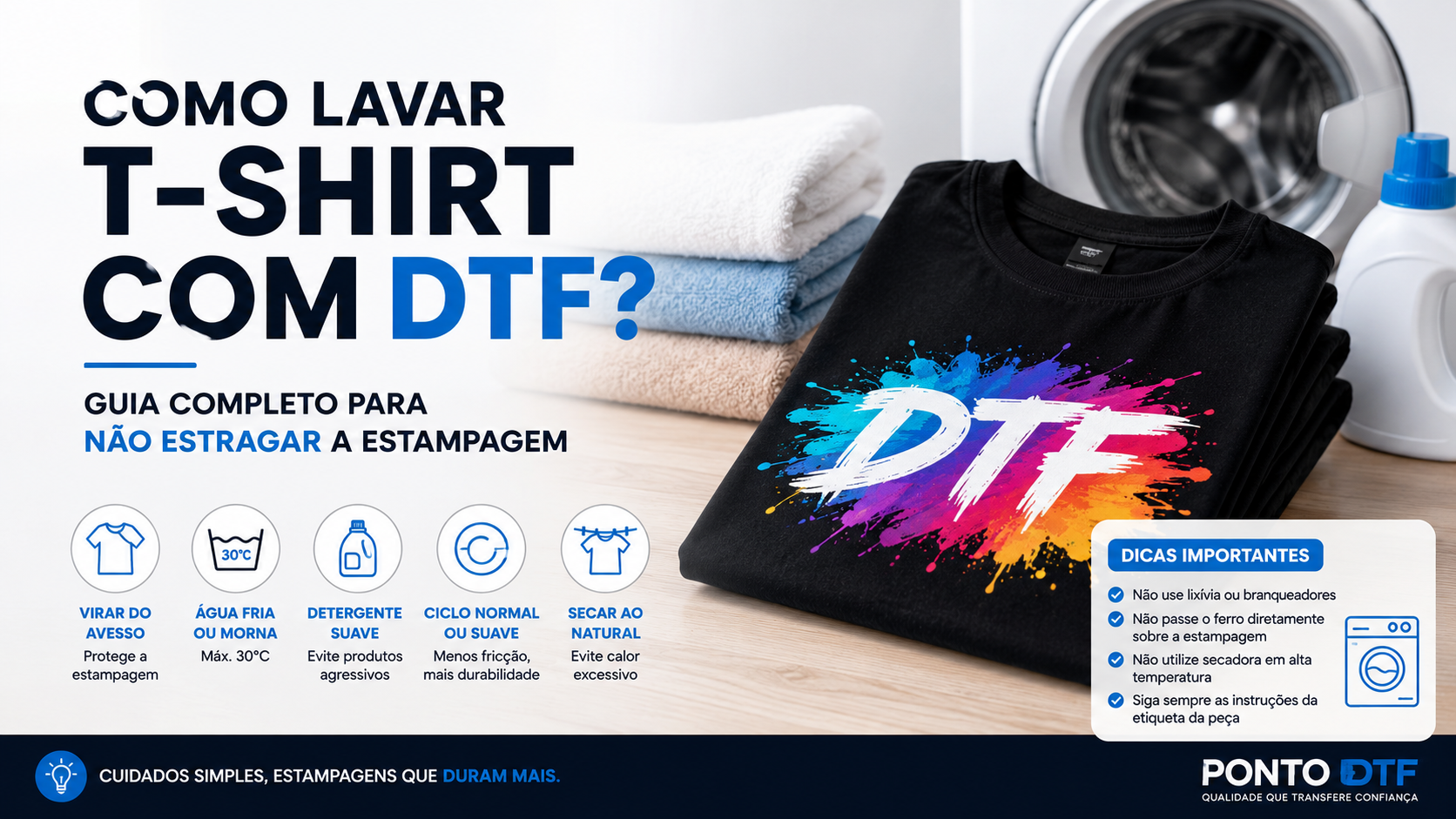 Saiba como lavar uma t-shirt com DTF sem danificar a estampagem. Descubra a temperatura ideal, detergentes, secagem e cuidados para aumentar a durabilidade.